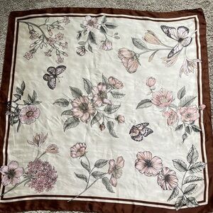 Vintage Anne Klein 70s 80s Butterfly Floral Brown Stripe Border Square Scarf